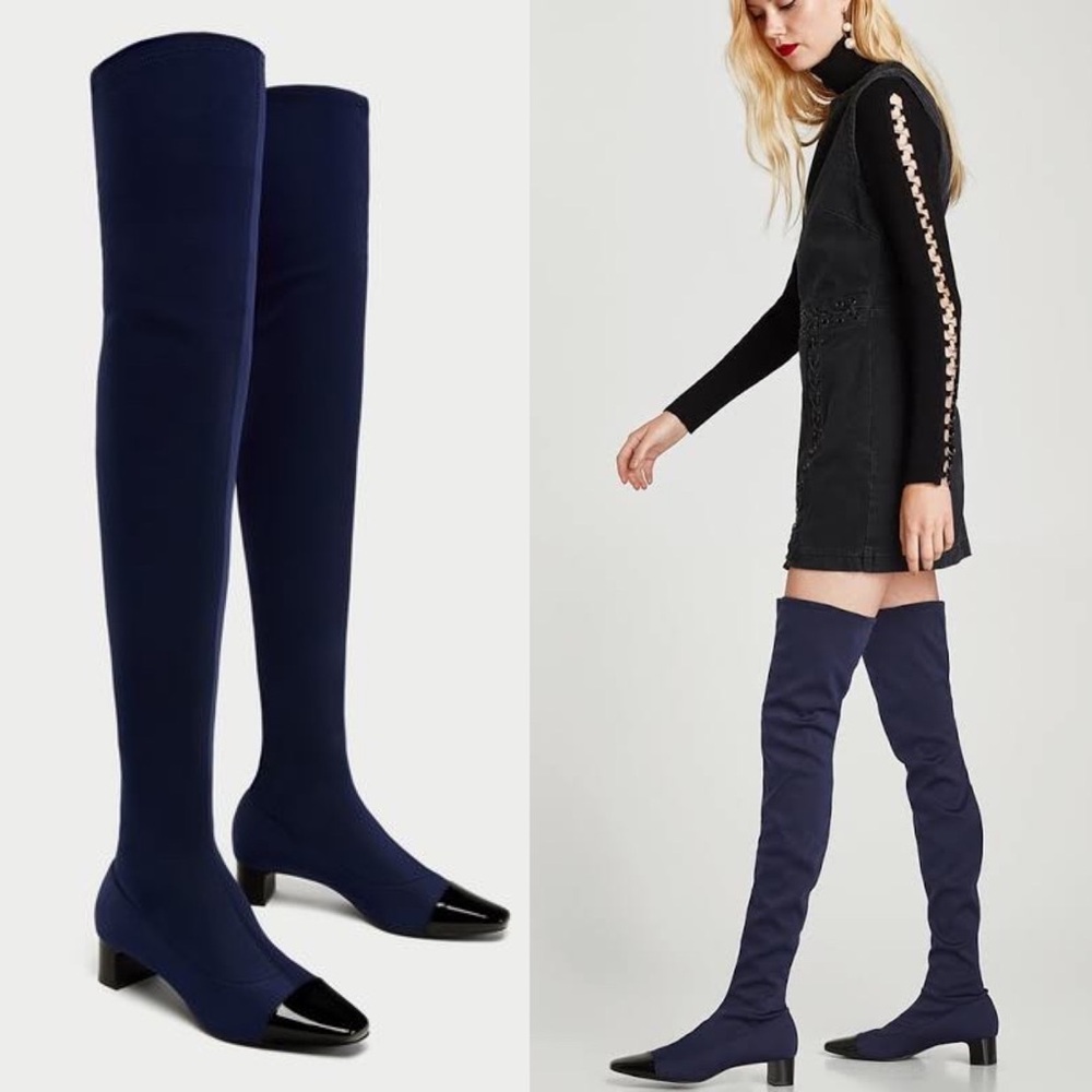 ZARA Blue & Black Cap Toe Over The Knee Sock Boots